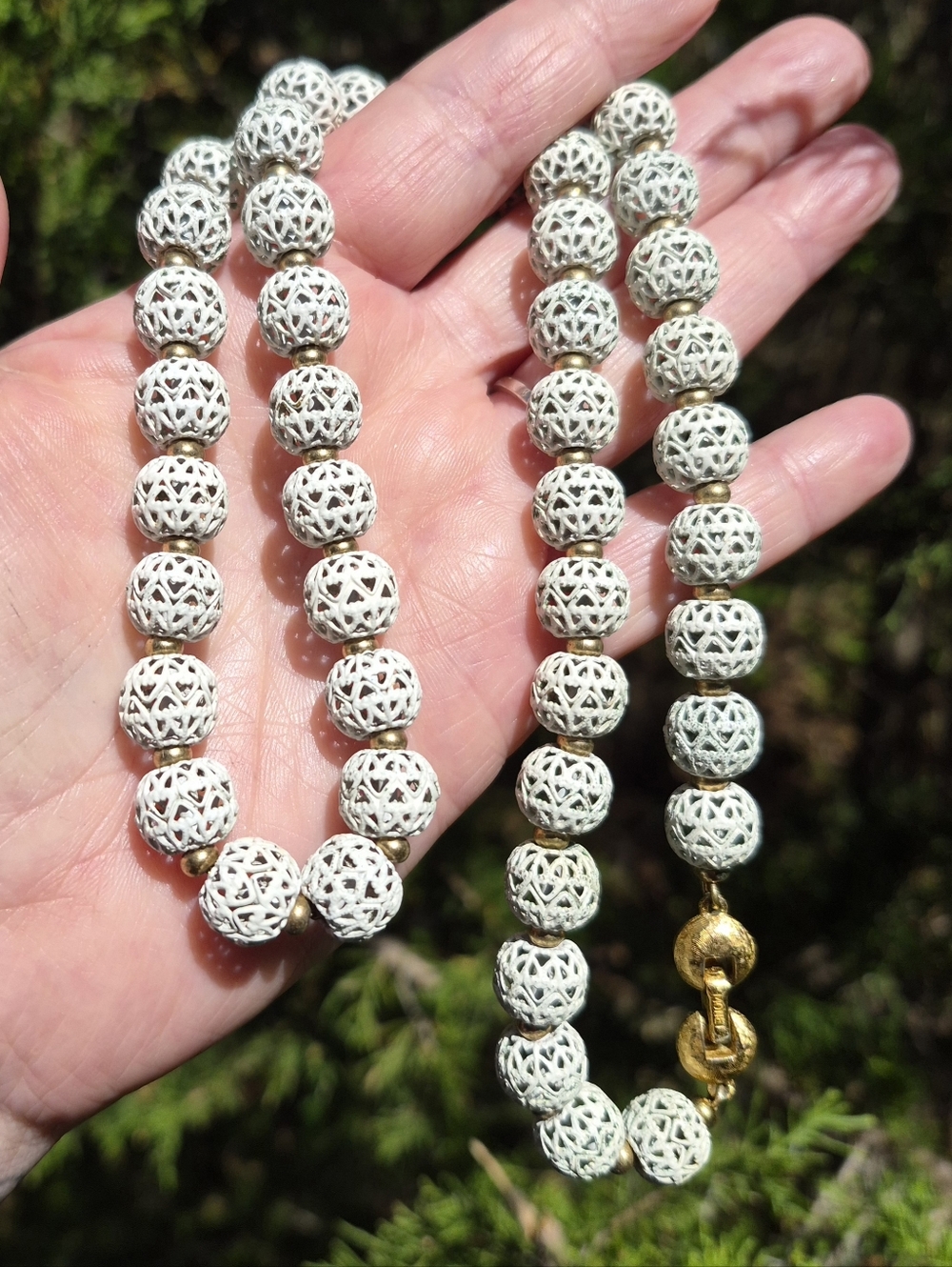 Monet Vintage 1960s Metal White Enamel Lace Beaded Necklace Gold Tone 24" Strand